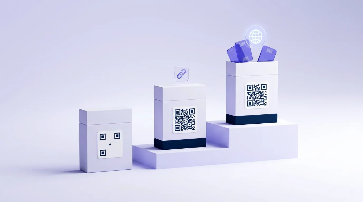 The three postures, from a checkout-only code to a web-resolvable GS1 Digital Link that opens a full product experience. Three product packs rising like steps: a Minimum pack with a plain 2D code carrying only a GTIN, a Ready pack whose code adds a web link, and an Ahead pack whose code opens a full web experience with a globe icon and floating content chips