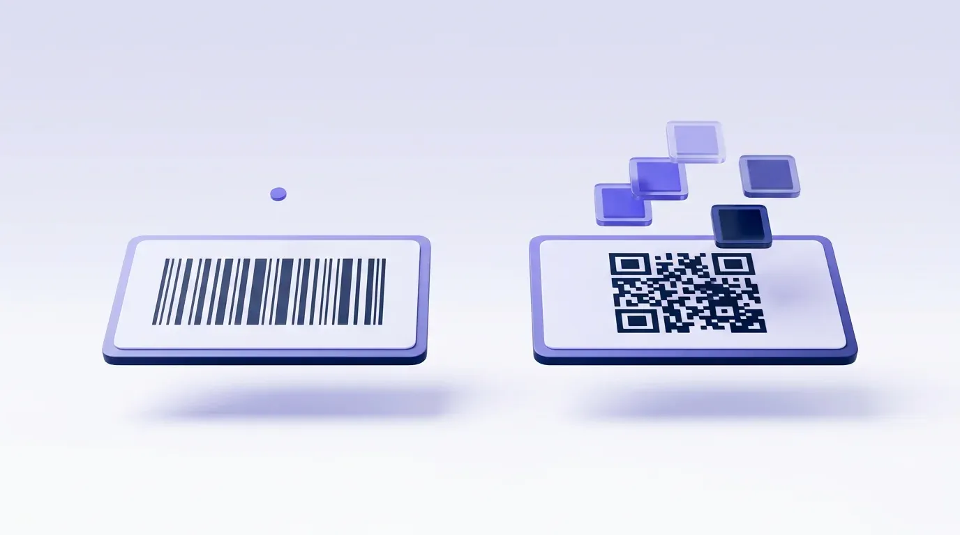 The striped barcode carries a single number. The 2D code holds far more in the same space. A plain striped linear barcode beside a modern 2D QR code, with floating data chips above the 2D code showing that it holds far more in the same space: batch, expiry, a web link and the product identity