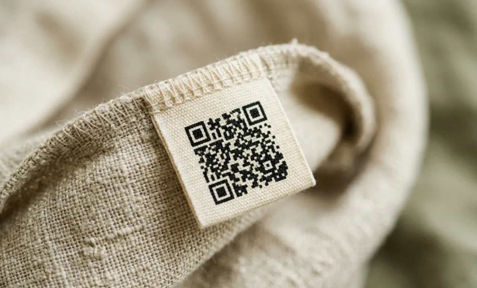 A woven care label sewn into a garment, carrying a QR code as the data carrier that connects the product to its passport