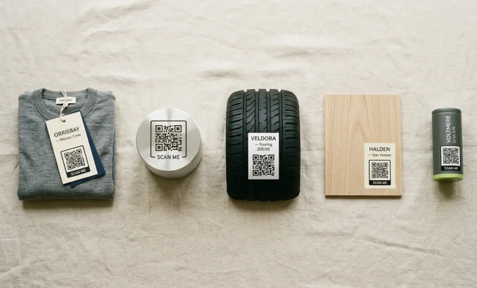 A folded garment with a hang tag, an aluminium disc, a tyre, an oak veneer panel and a battery cell laid out in a row, each carrying a QR code