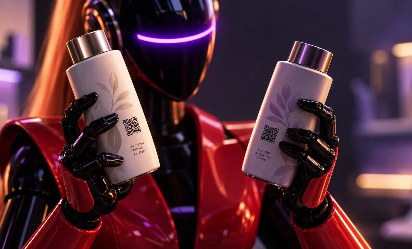 Un robot humanoide sosteniendo dos botes de champú casi idénticos, cada uno con su propio código QR