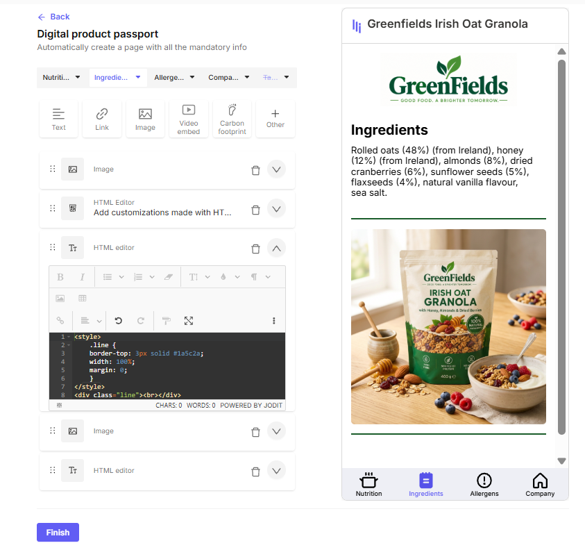 The Digital Link Digital Product Passport editor: content blocks for images, text and carbon footprint on the left, and a live phone preview of a granola product page with its ingredients on the right