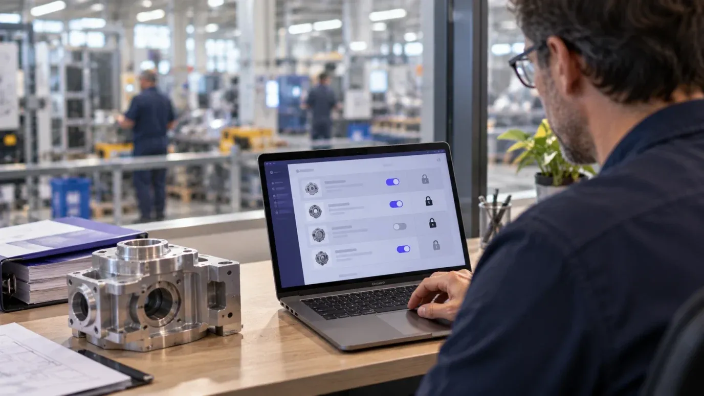 Deciding what stays confidential is a data decision you can make before your delegated act arrives An engineer at a desk beside a machined metal component, setting access permissions for product data on a laptop screen with toggle switches and padlock icons
