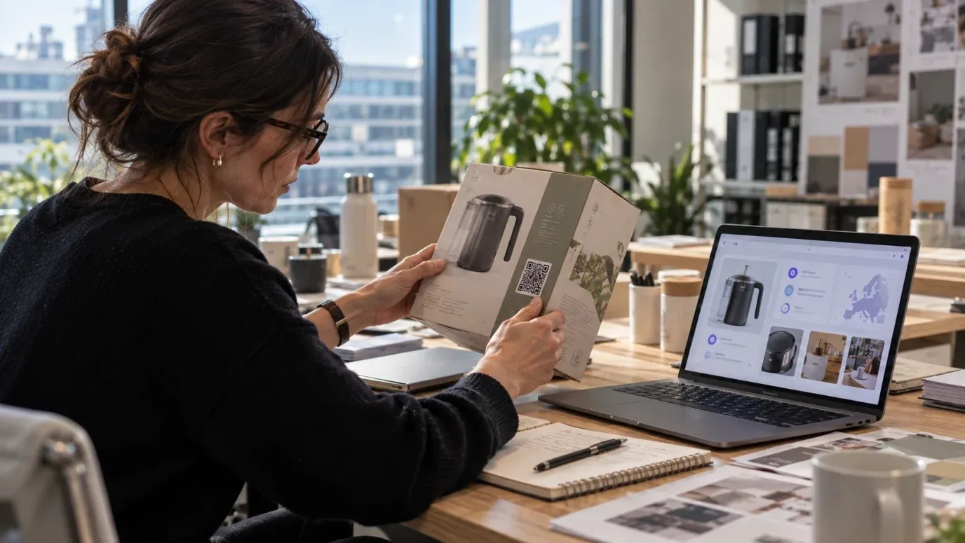 Une cheffe de produit examinant le carton d'une bouilloire électrique sous marque de distributeur portant un QR code sur le côté, à côté d'un ordinateur portable affichant le tableau de bord du passeport du produit