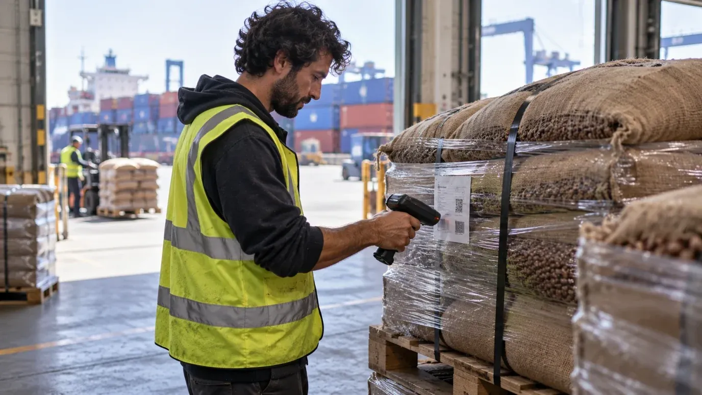 A logistics worker in an EU port warehouse scanning the label on a wrapped pallet of jute sacks of beans, with containers and cranes behind
