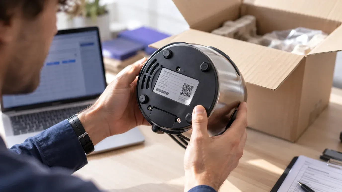 An importer checking the rating label on the base of a small kitchen appliance, with an identifier, a barcode and a QR code, next to its opened shipping carton
