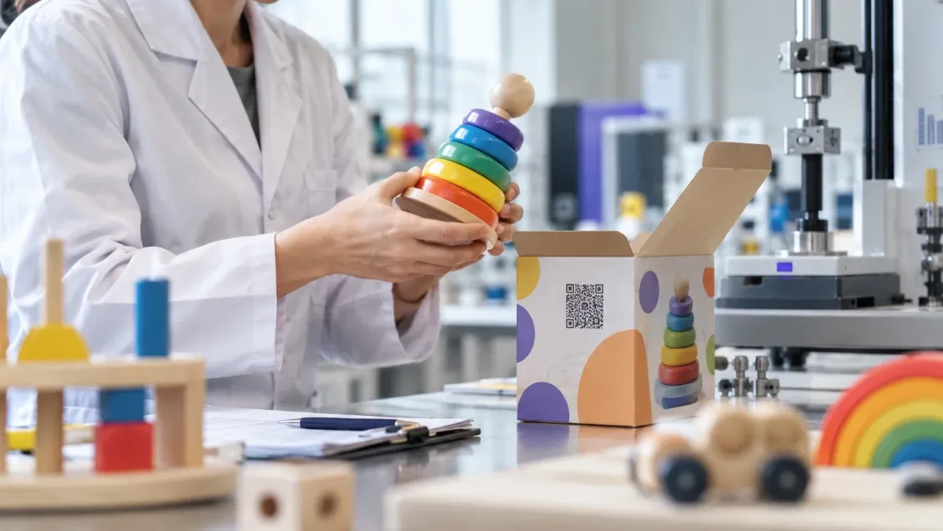 A safety technician in a toy testing lab holding a wooden stacking toy next to its open box, which carries a QR code