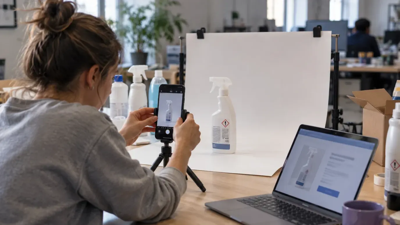 A person in an office photographing a spray bottle of household cleaner with a hazard pictogram for an online shop, with the product page open on a laptop