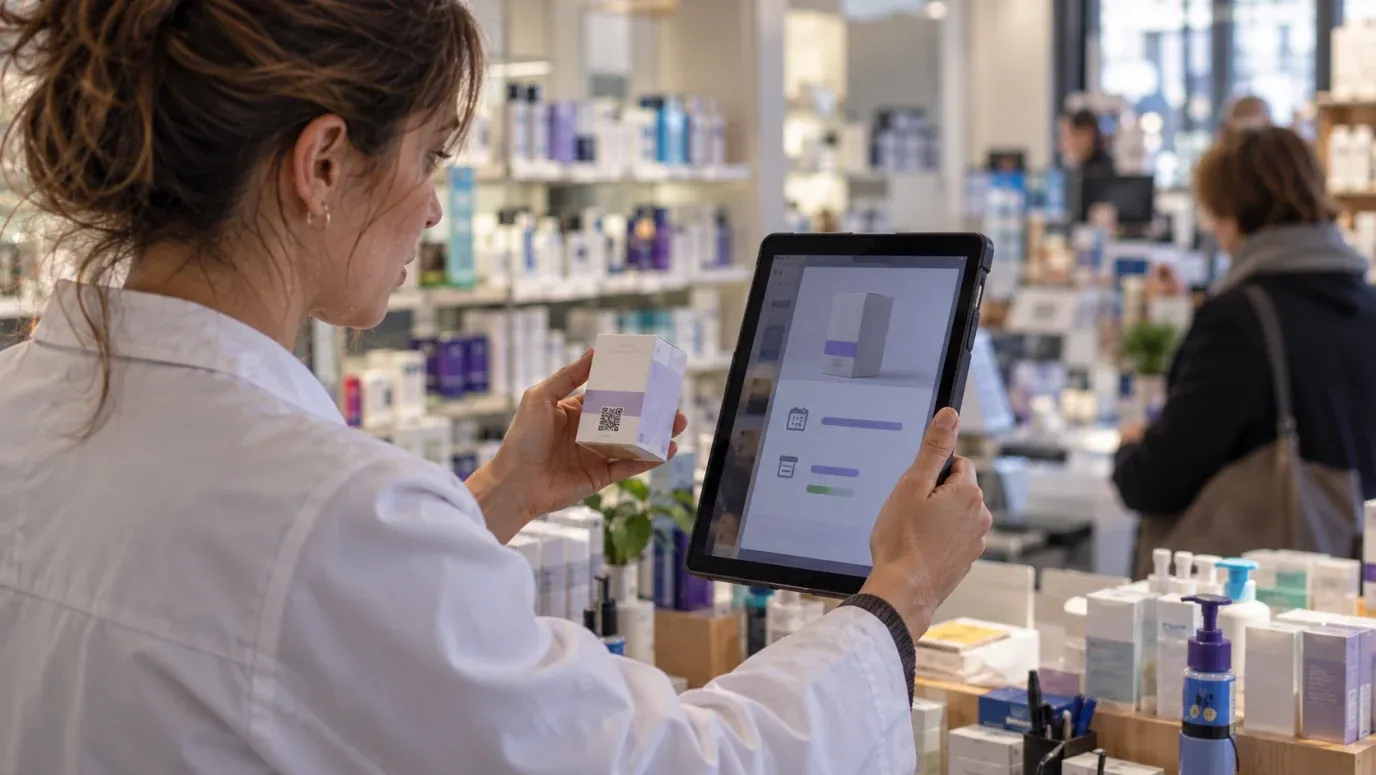 Um identificador, um registro: a caixa na mão e o registro na tela têm de ser o mesmo item Uma farmacêutica segurando a caixa de um produto de cuidados com a pele com um QR code ao lado de um tablet que mostra o registro do mesmo produto
