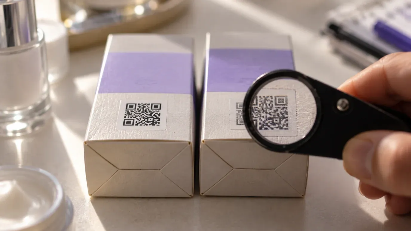 Due confezioni di cosmetici identiche affiancate, ciascuna con un'etichetta QR code, una delle quali esaminata con una lente d'ingrandimento