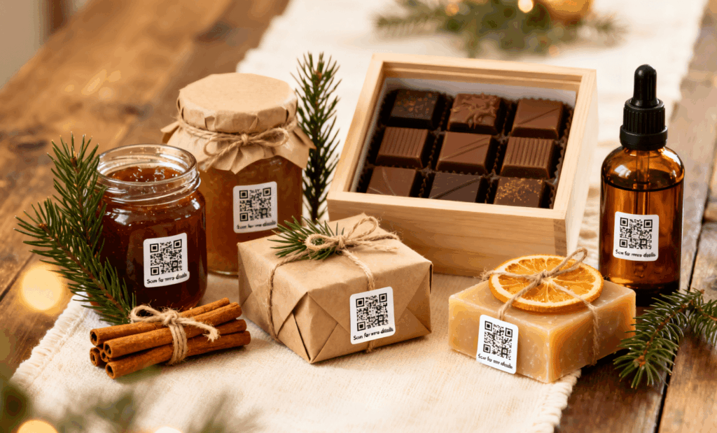 Artisanal Christmas-edition products with QR-tagged labels for storytelling and transparency.