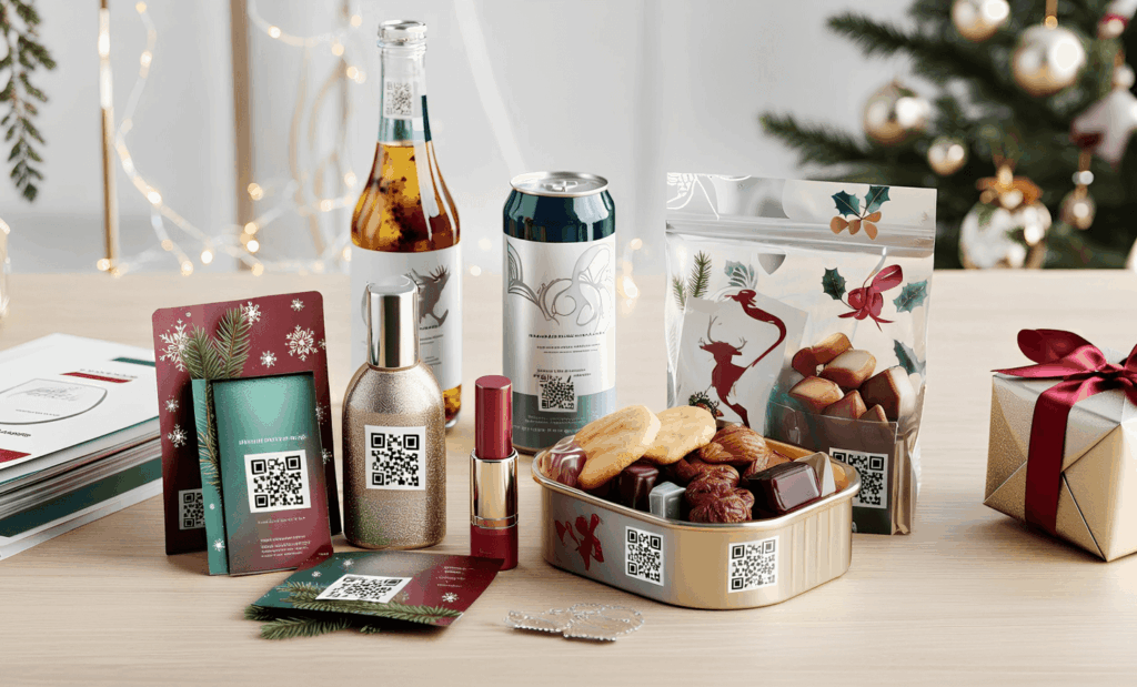 Christmas-edition products arranged with QR-enabled labels for personalized digital experiences.