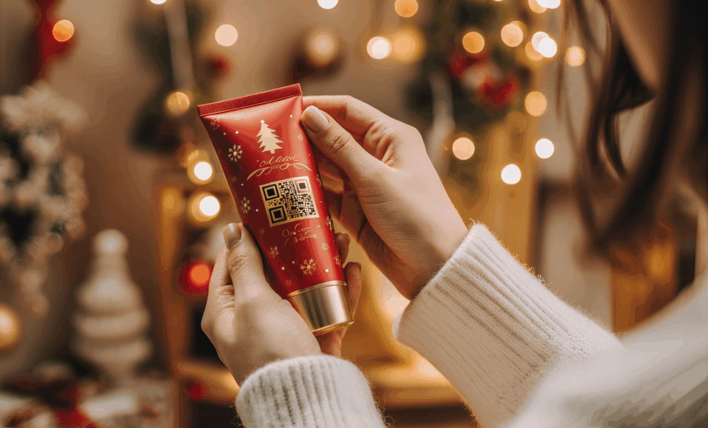 Person holding a festive-edition product and viewing a QR code on its label.