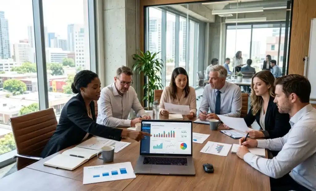 Team reviewing compliance documents and data dashboard in an office