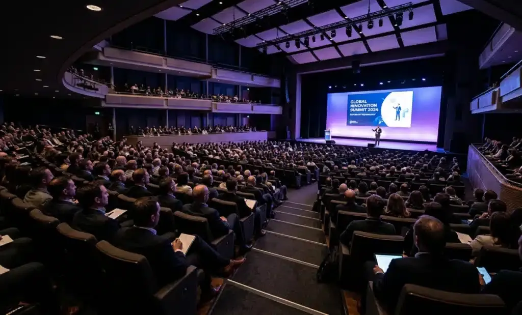 Large international conference stage with audience seated in a modern auditorium
