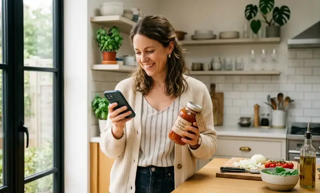 Person standing in a kitchen reading information on a smartphone while holding a food product