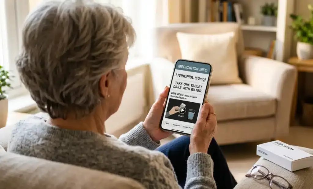 Older patient reading an electronic medication leaflet with video tutorial on a smartphone for better medication adherence
