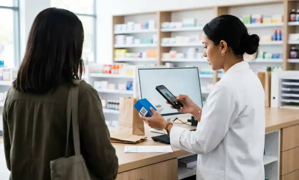 Pharmacist scanning a QR code on drug packaging to check up to date medication information for a patient