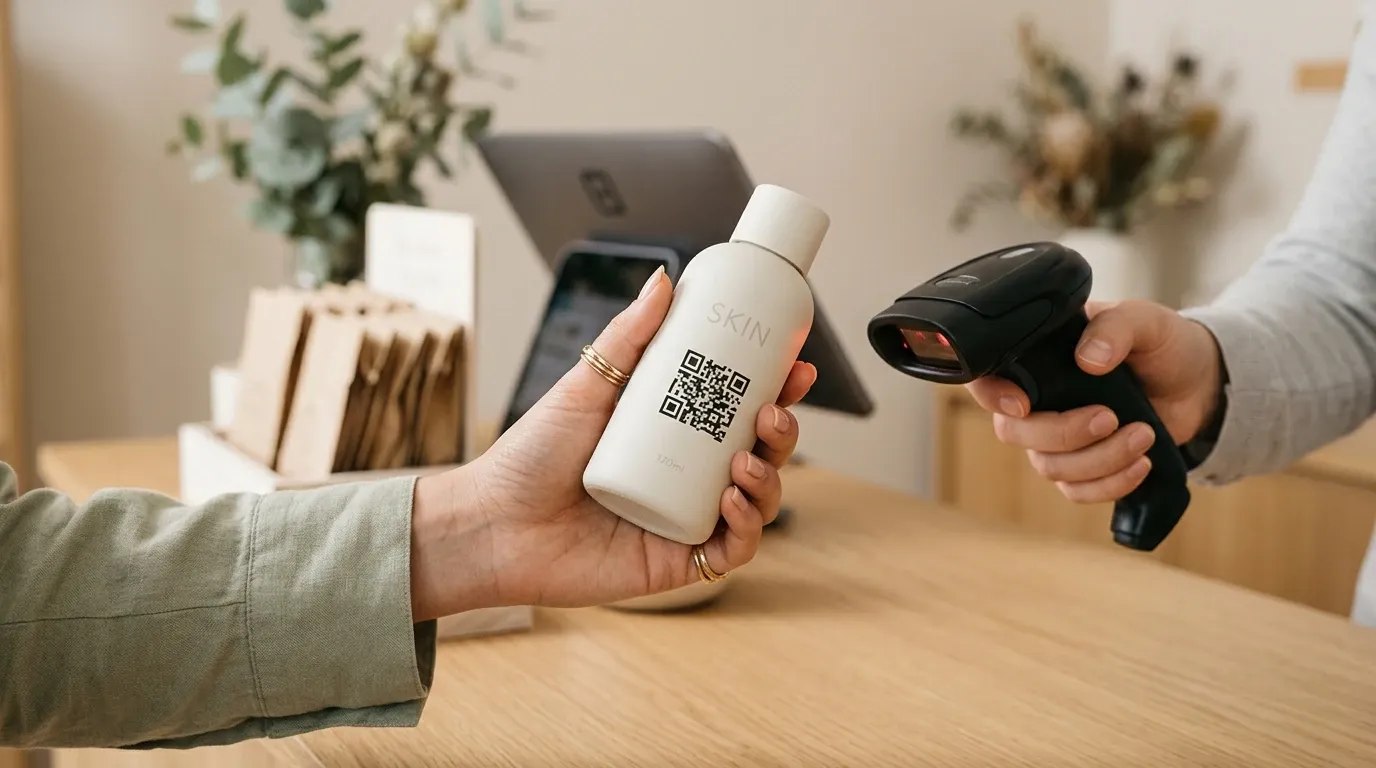Un código QR en un envase de consumo escaneado en la caja de un comercio durante el cambio Sunrise 2027 a los códigos de barras 2D