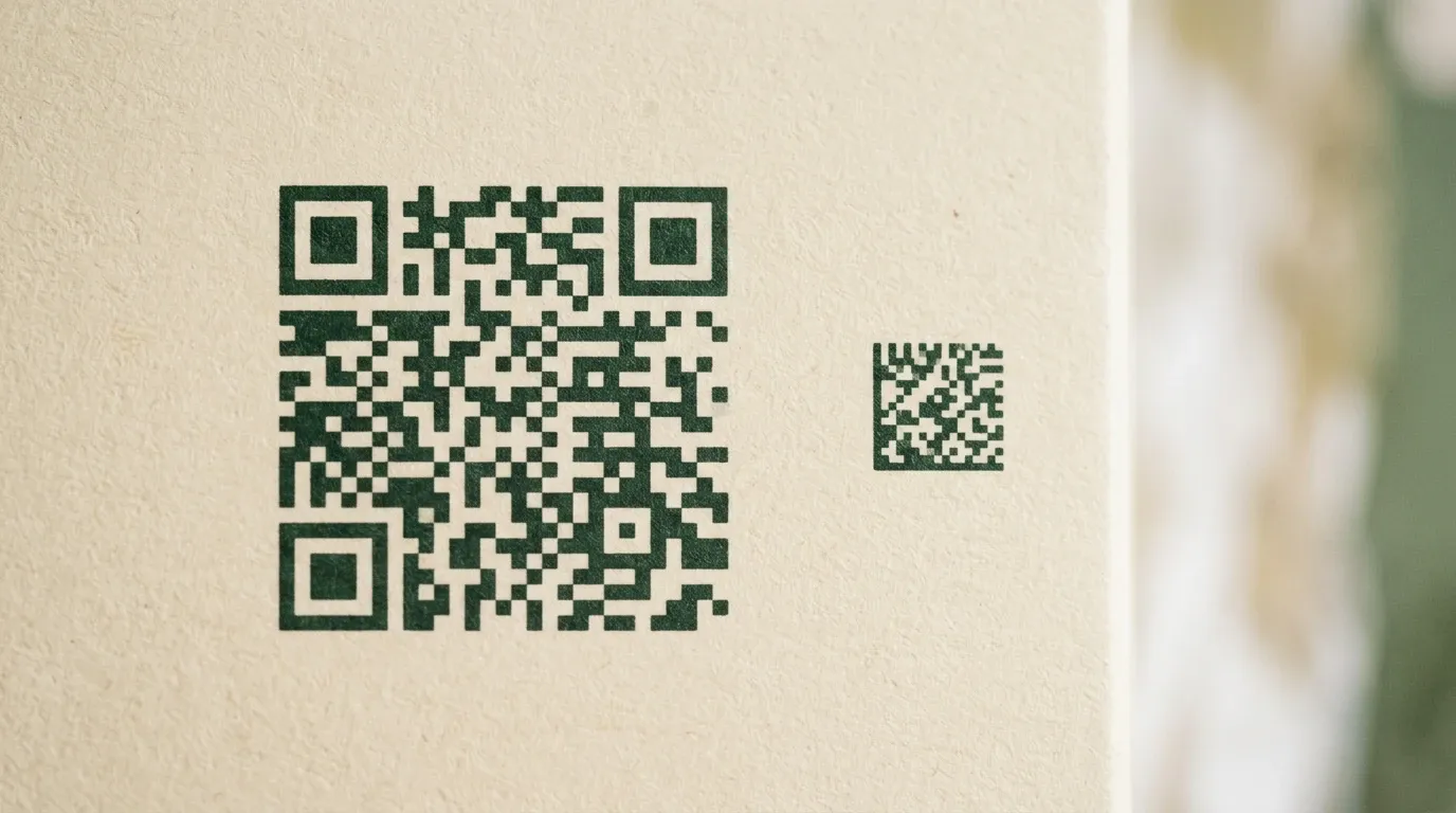 Un código QR y un código Data Matrix más pequeño uno al lado del otro, mostrando la diferencia de tamaño entre los dos códigos de barras 2D