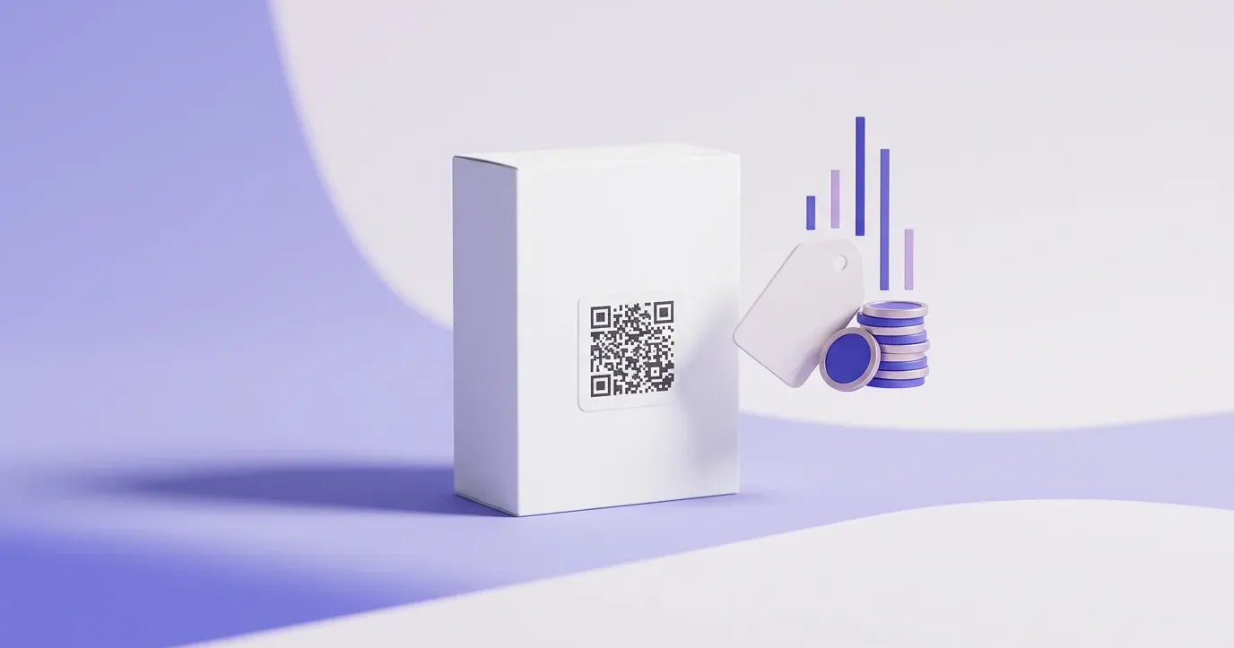 El coste de un Pasaporte Digital de Producto, mostrado como un producto con un código QR GS1 junto a un pequeño desglose de presupuesto con monedas, una etiqueta de precio y un gráfico de barras