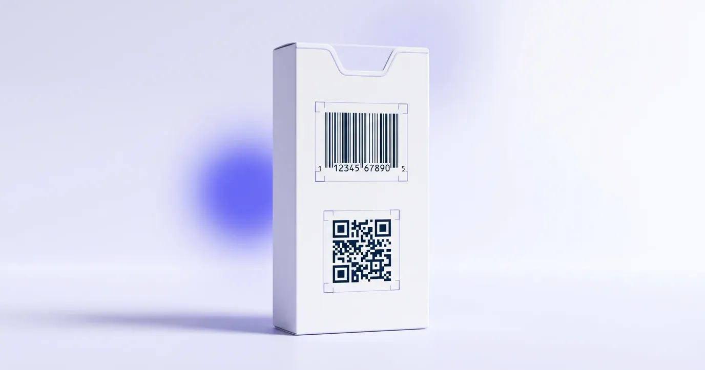 A product pack showing a linear striped barcode and a 2D QR code placed together, with spacing and quiet zones marked