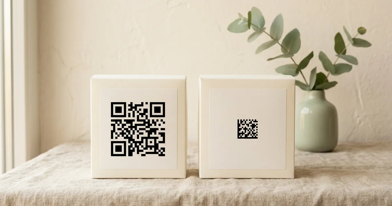 Un código QR y un código Data Matrix uno al lado del otro, los dos tipos principales de código de barras 2D