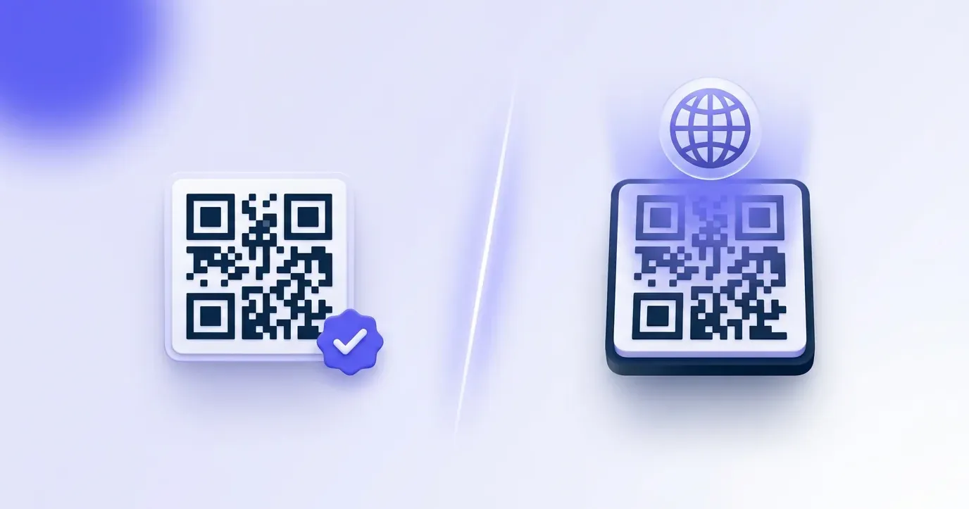 A mandatory-versus-optional comparison visual, with a plain 2D barcode carrying a GTIN and a checkmark on one side and a GS1 Digital Link code opening a web address on the other