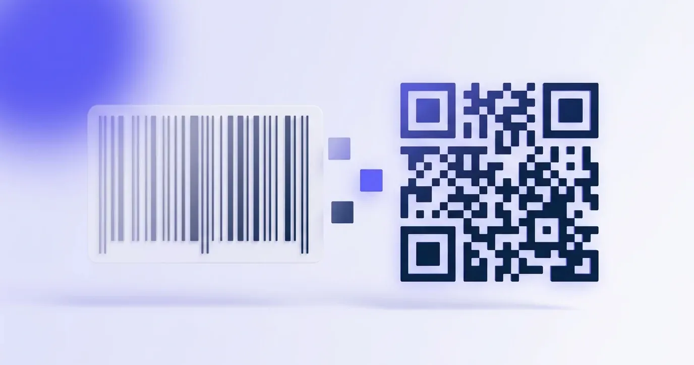 A striped linear barcode transforming into a modern 2D QR code, illustrating the Sunrise 2027 move to 2D barcodes at retail checkouts