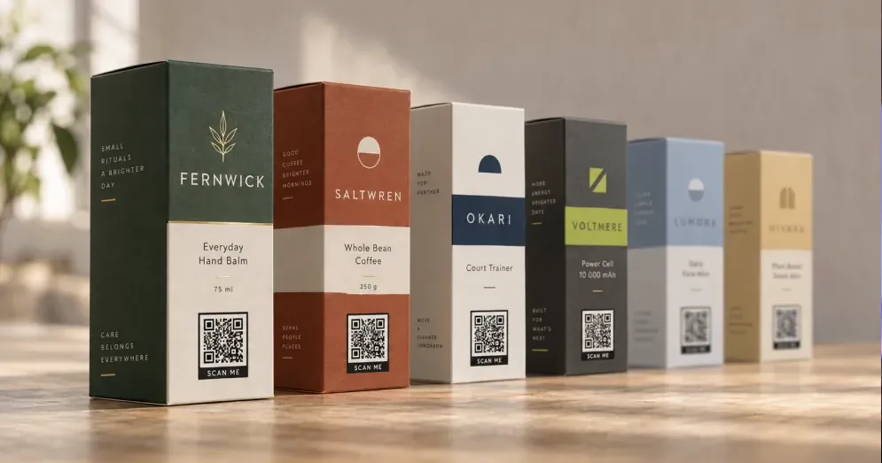 A row of product boxes from different sectors (hand balm, coffee, trainers, a power cell, a face mist and a snack bar), each carrying a scannable QR code on the pack