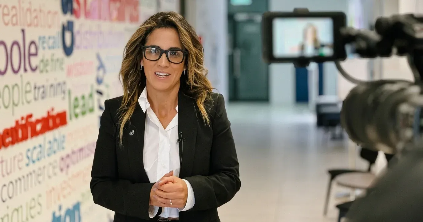 Paula Rivero, CEO y cofundadora de Digital Link, entrevistada ante la cámara frente a una pared con palabras clave de los estándares GS1