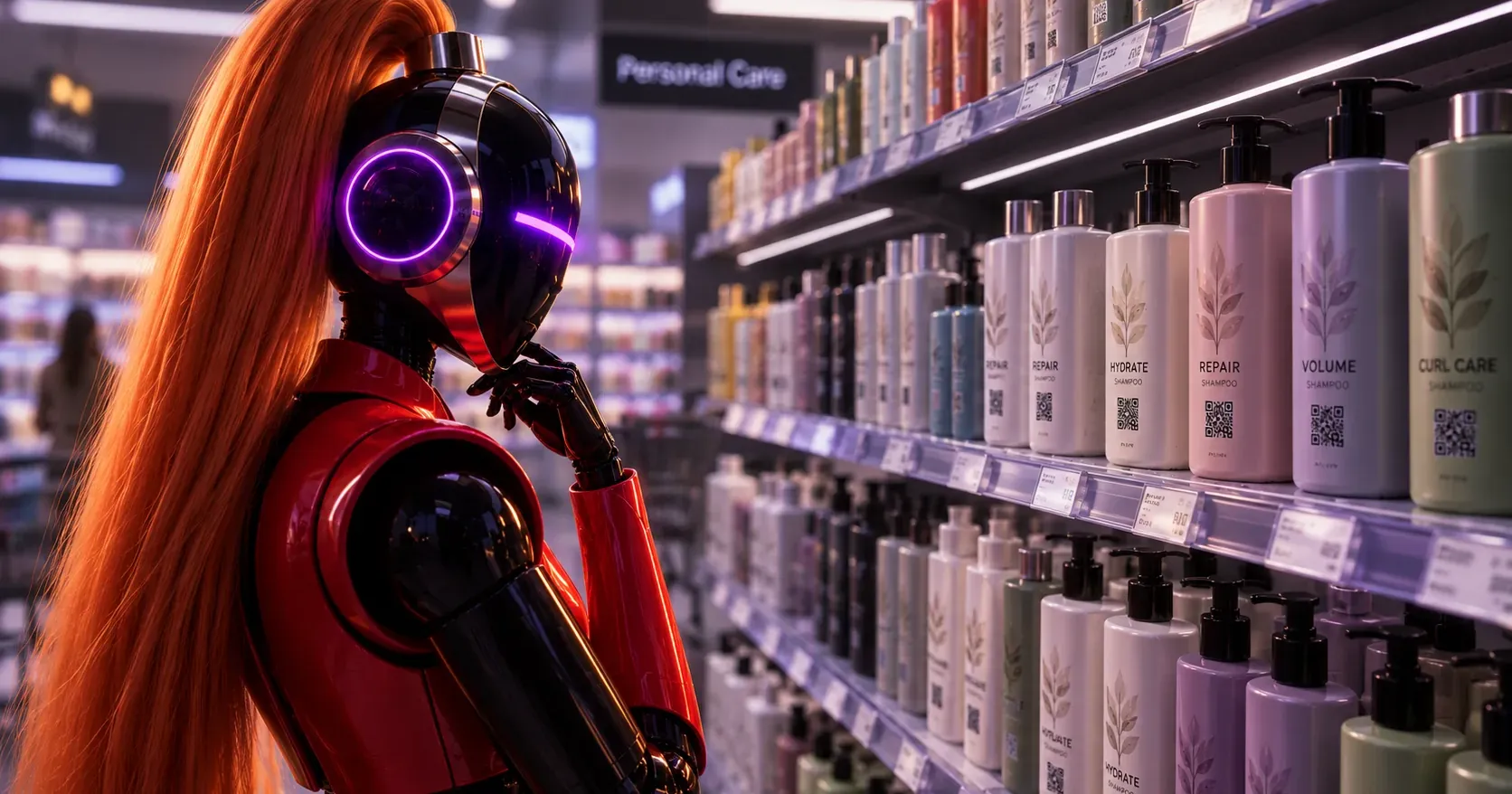 Un robot humanoide estudiando un lineal de supermercado con botes de champú, cada uno con su código QR