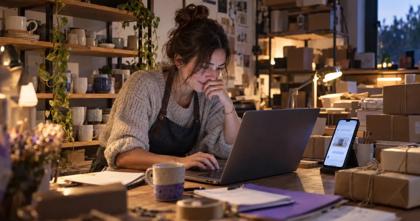 A dona de uma pequena loja de artigos para casa conferindo um novo pedido no notebook no fim da noite, com um celular ao lado mostrando o chat em que a compra foi feita e pacotes prontos para envio ao seu redor