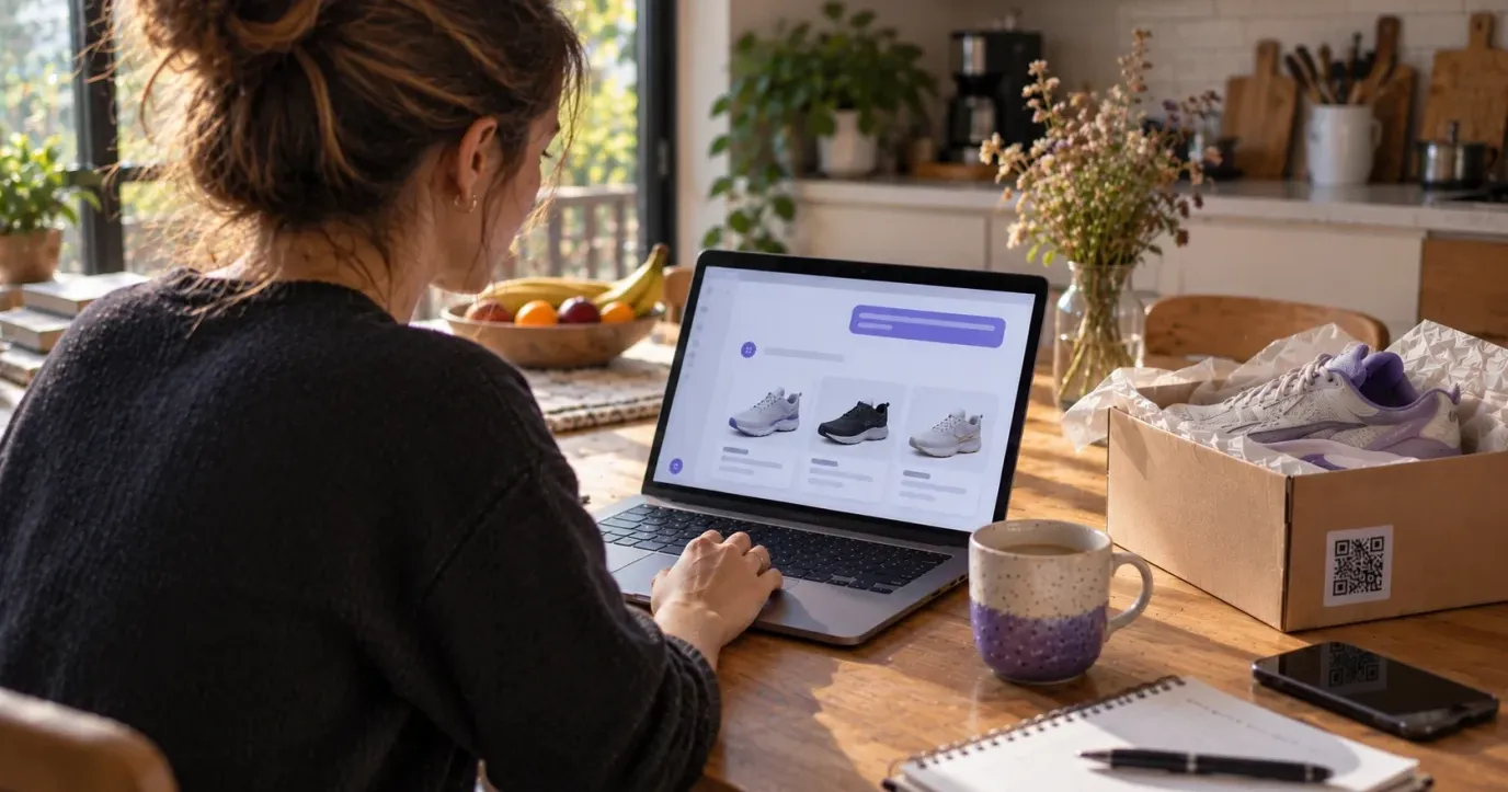Uma consumidora à mesa da cozinha olhando tênis de corrida sugeridos por um assistente de chat em um notebook, com uma caixa de sapatos entregue, com QR code, ao lado dela