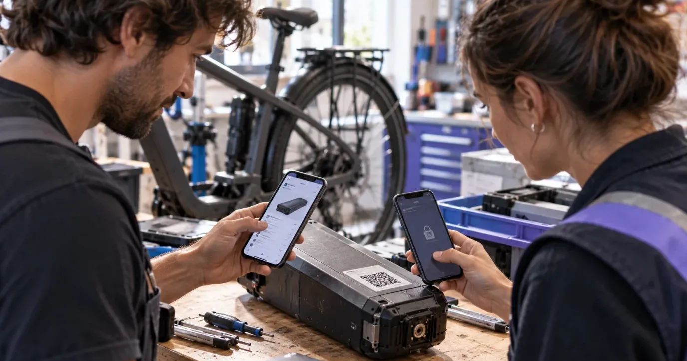 Two technicians in an e-bike repair workshop scanning the same QR code on a removed battery pack: one phone shows the product page, the other a padlock