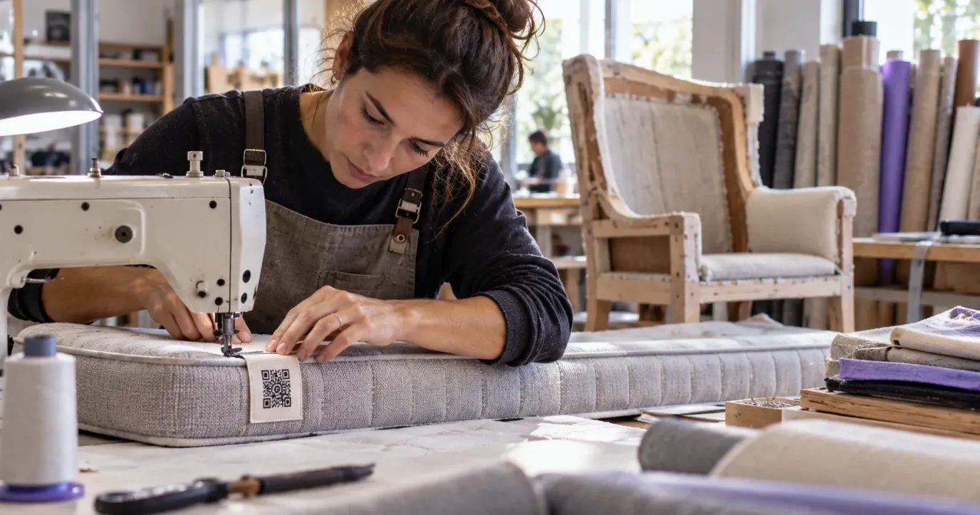 An upholsterer in a furniture workshop sewing a fabric label with a QR code onto a new mattress, with a half-upholstered armchair and rolls of fabric behind her