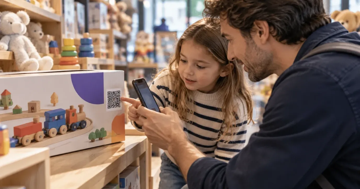 A father and his young daughter in a toy shop scanning the QR code on the box of a wooden train set with a smartphone