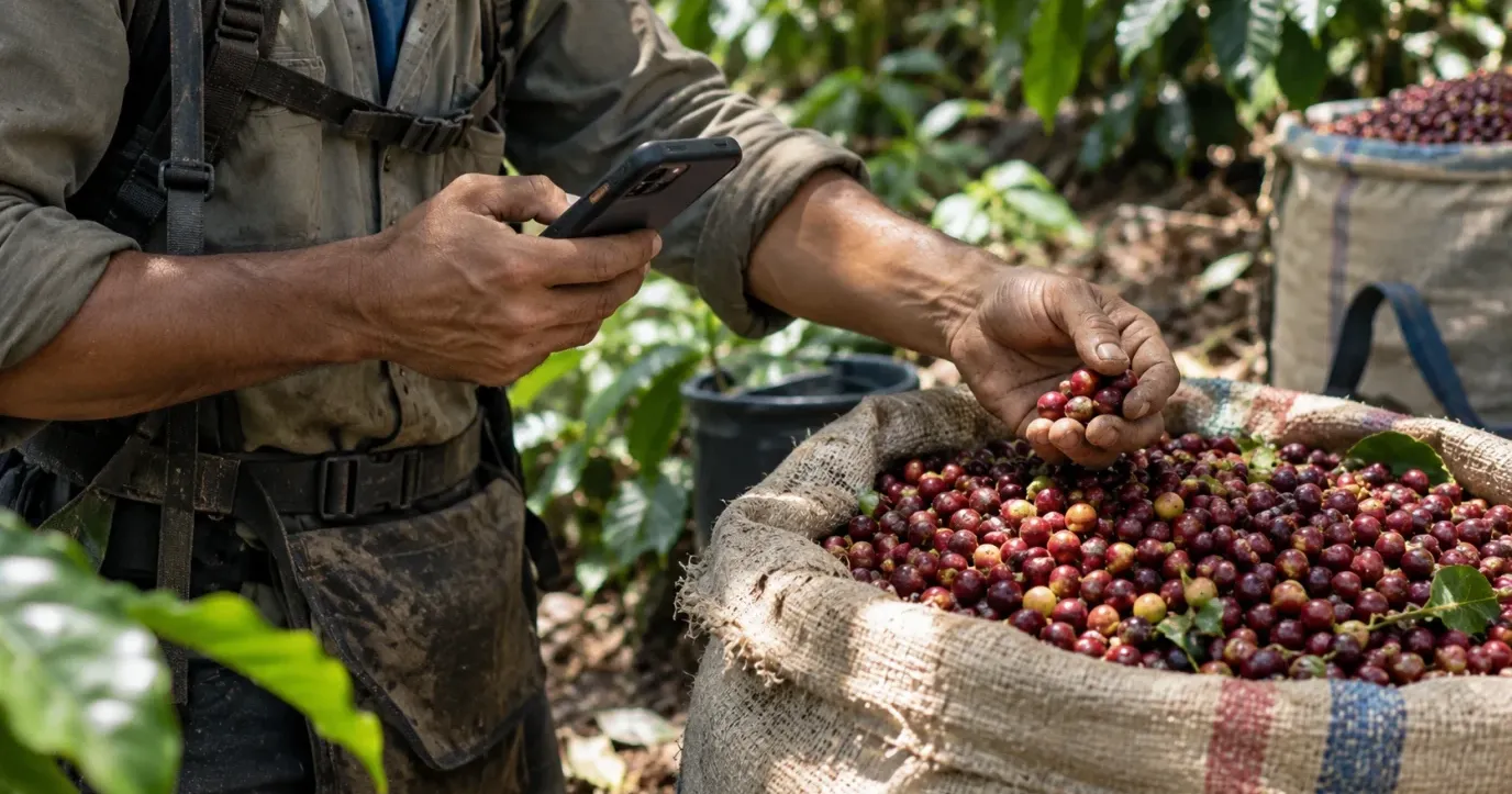 A coffee farmer on the plot holding a handful of freshly picked coffee cherries over a full jute sack while recording data on a smartphone