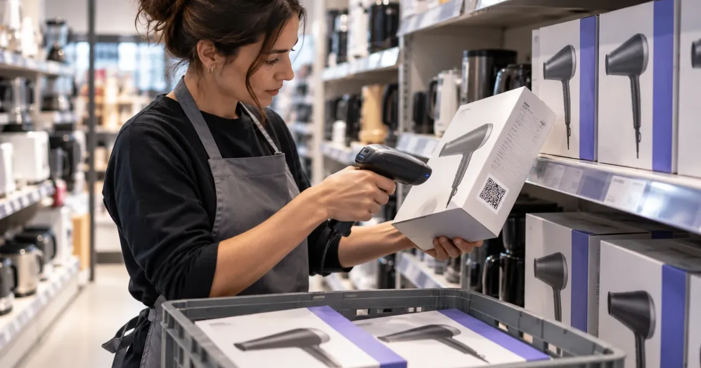 A store employee scanning the QR code on a boxed hairdryer before removing the units from the shelf into a crate