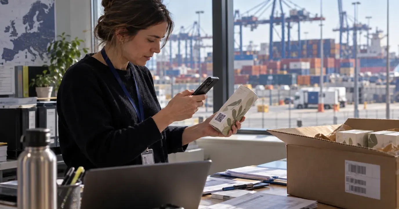 Le responsable conformité d'un importateur scannant le QR code d'un produit sorti d'un carton d'expédition, avec un port à conteneurs visible par la fenêtre du bureau