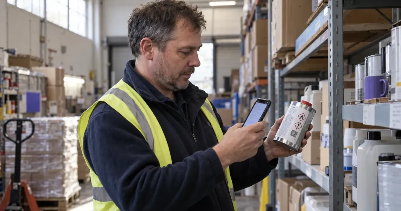 A worker in a paint and cleaning products warehouse scanning the QR code beside the hazard label on a small tin with a phone