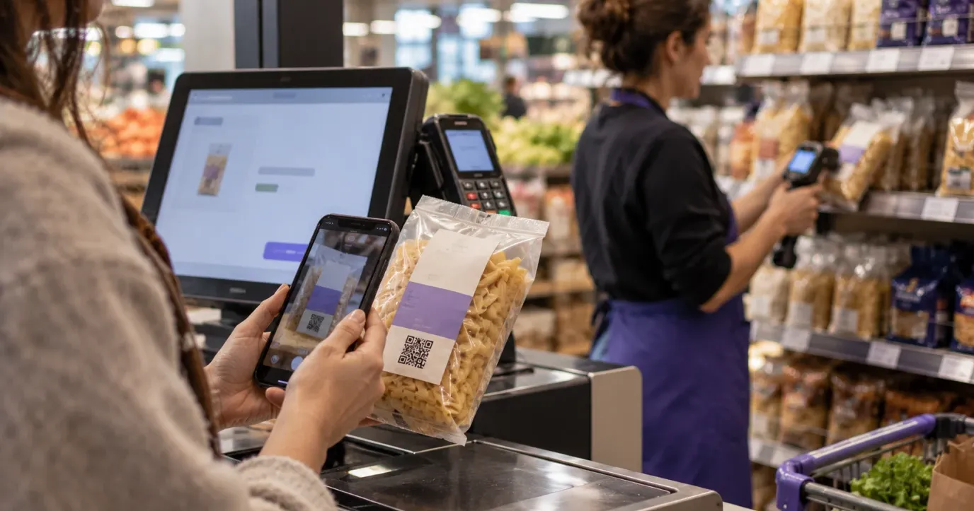 Uma cliente no caixa de um supermercado escaneando com o celular o QR code de um pacote de macarrão enquanto um funcionário da loja escaneia uma prateleira com um leitor de mão