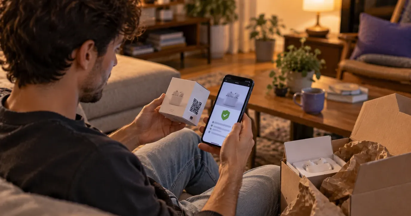 Un uomo sul divano tiene in mano la confezione di un paio di auricolari wireless con un QR code, mentre il telefono mostra un segno di spunta verde di verifica del prodotto