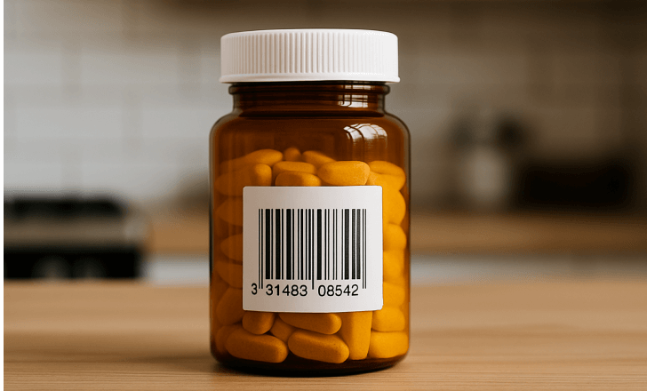 Amber pill bottle with a white UPC barcode label placed on a wooden surface in a softly lit kitchen.