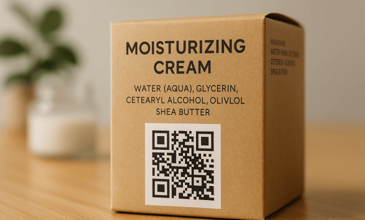Cardboard skincare box featuring a QR code printed on the label in a softly lit indoor setting.
