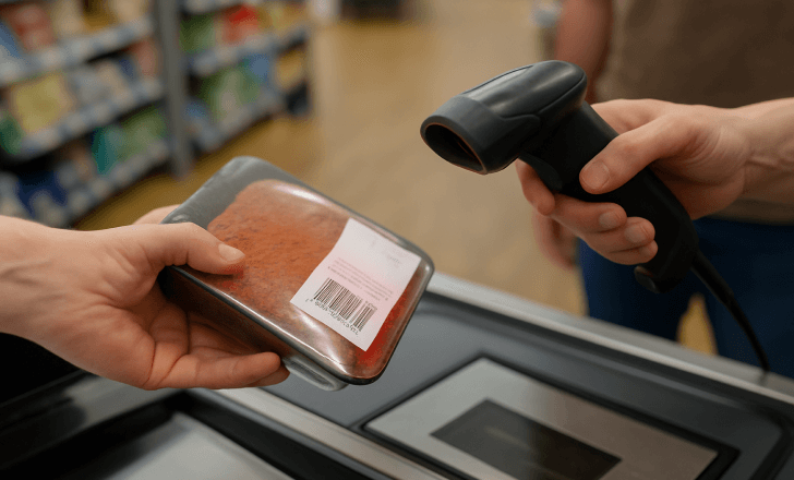 Cashier scanning a UPC barcode on packaged meat at a supermarket checkout.