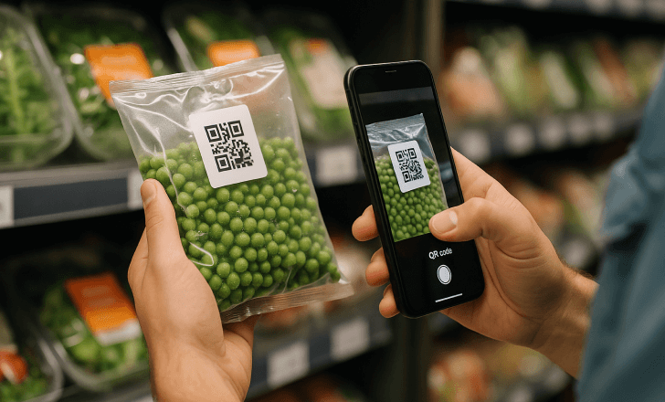 Consumer scanning QR code on a vacuum-sealed bag of green peas
