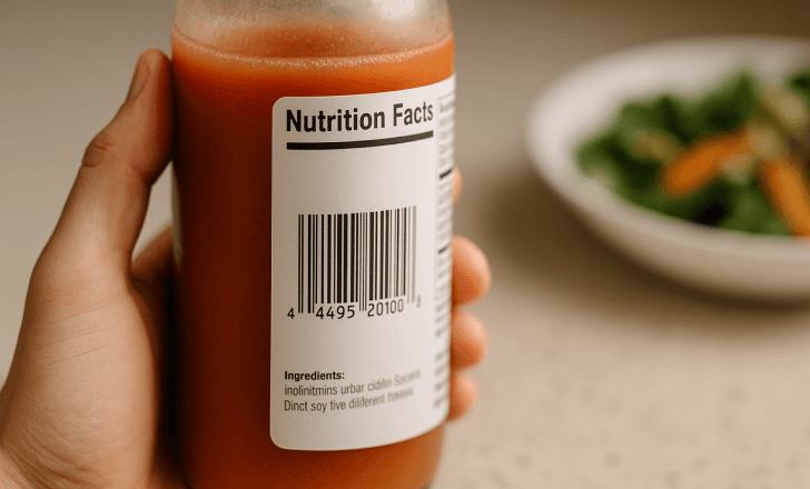 Glass bottle with a barcode label and minimal product information, highlighting the limitations of static UPC codes.
