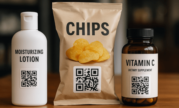 Lotion, chips, and vitamin packaging with QR codes illustrating product-linked loyalty moments