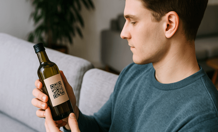 Man examining a bottle with a QR code label while sitting on a couch